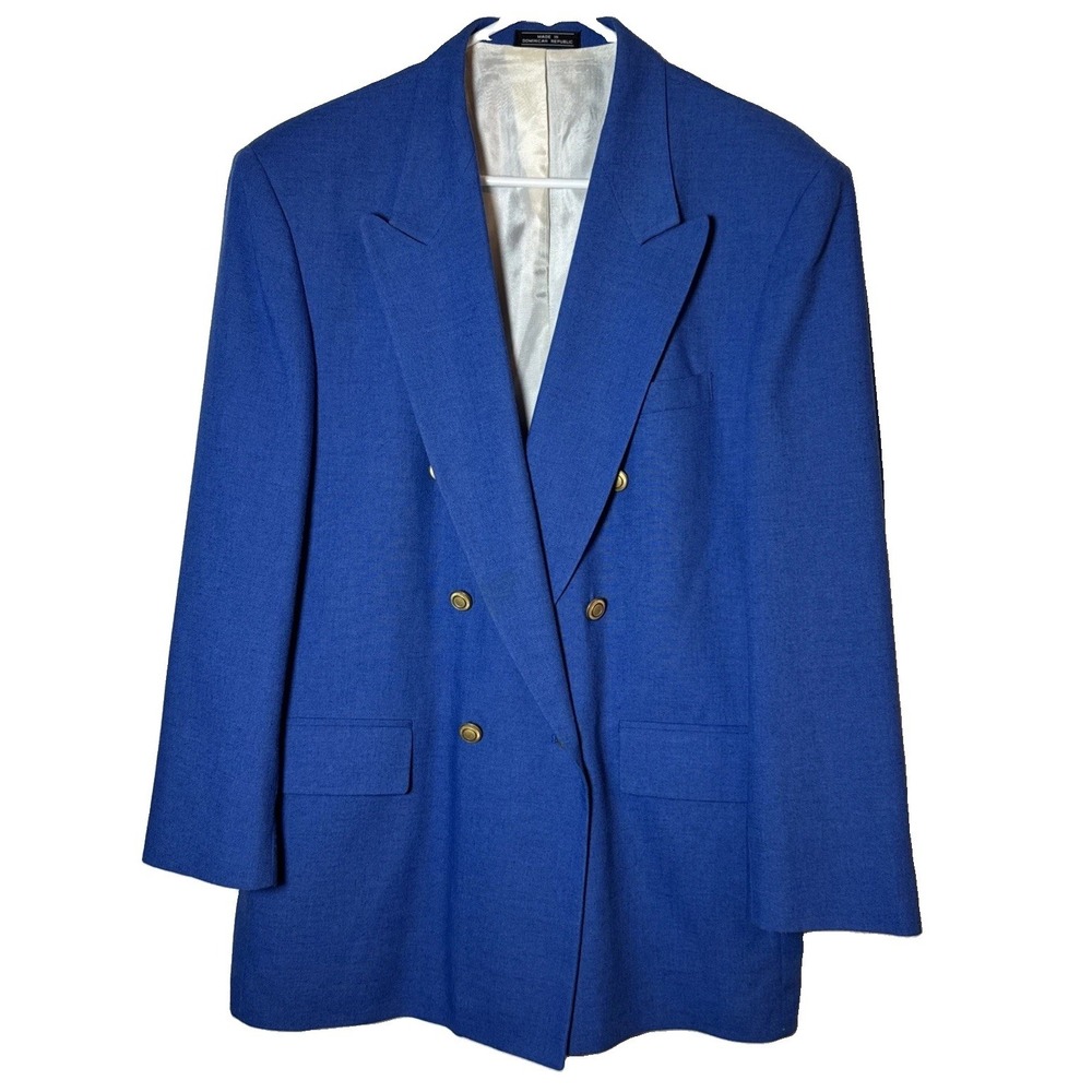 VTG Irvine Park Mens 40 Blue Double Breasted Blazer Linen Blend Gold Buttons